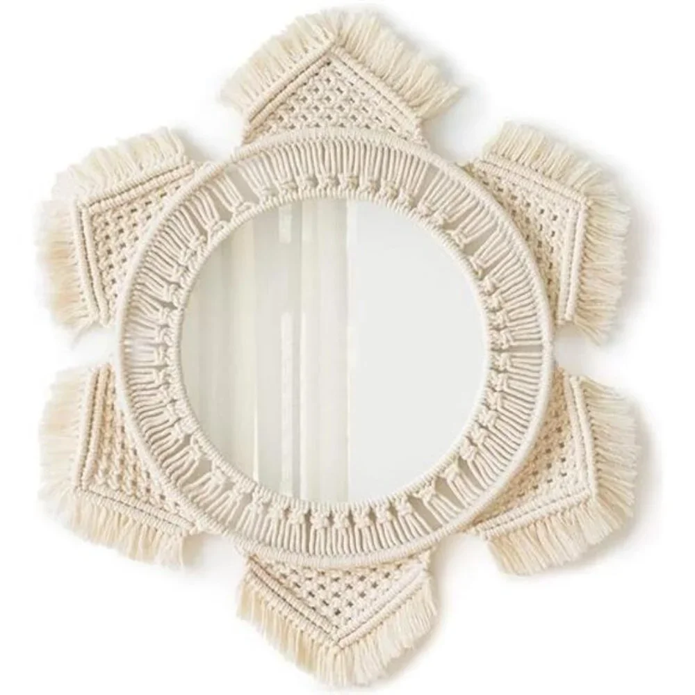 Boho Wall Mirror Decor Round Macrame Hanging Wall Art Decoration for Bedroom